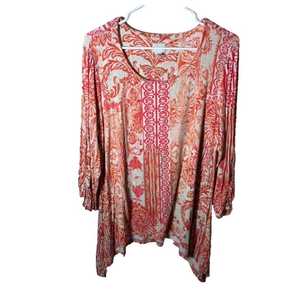 Chico's Blouse Women's 2 Large Round Neck Printed Colorful 3/4 Sleeve Top Shirt